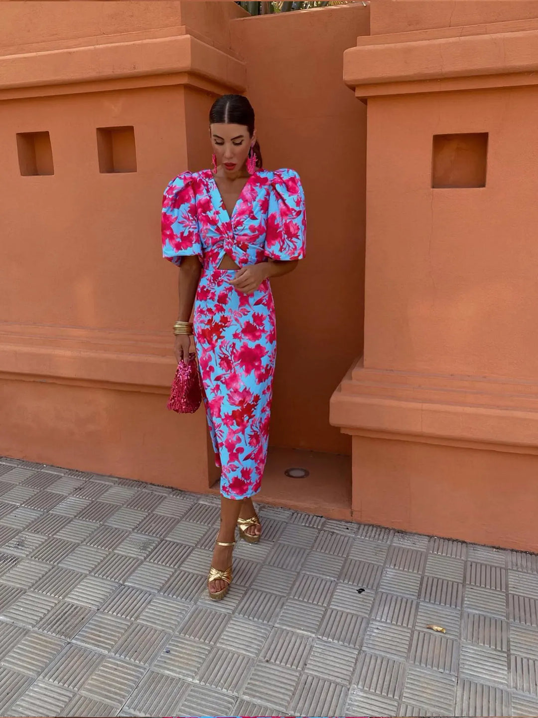 Sydney | Vestido midi de verano para mujer con mangas abullonadas y estampado floral