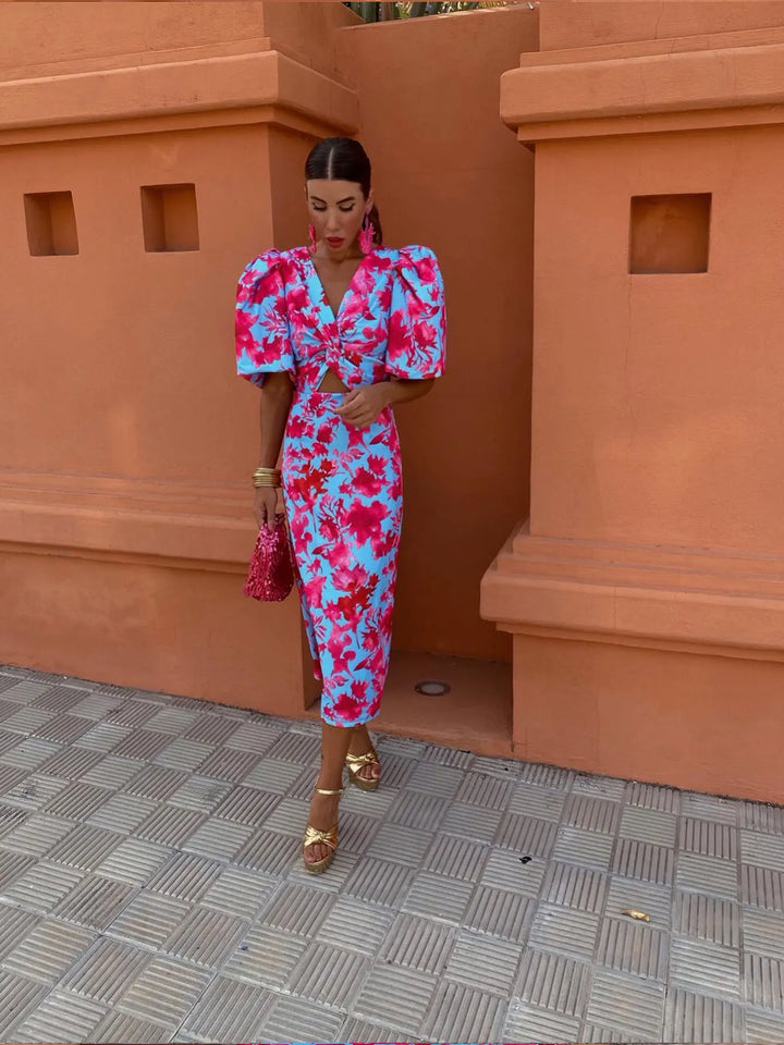 Sydney | Vestido midi de verano para mujer con mangas abullonadas y estampado floral