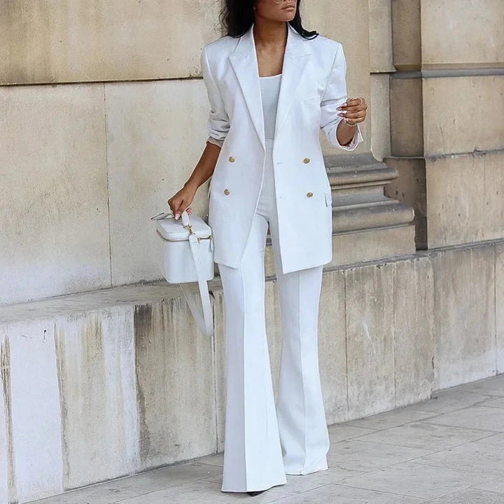 Women's Elegant Double-Breasted Blazer and Flared Trousers Set - Tailored Formal Outfit-MODAUTLET