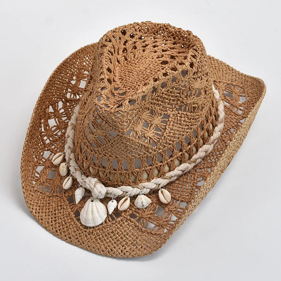 Coastal Seashell Straw Hat Open Knit Breathable Summer