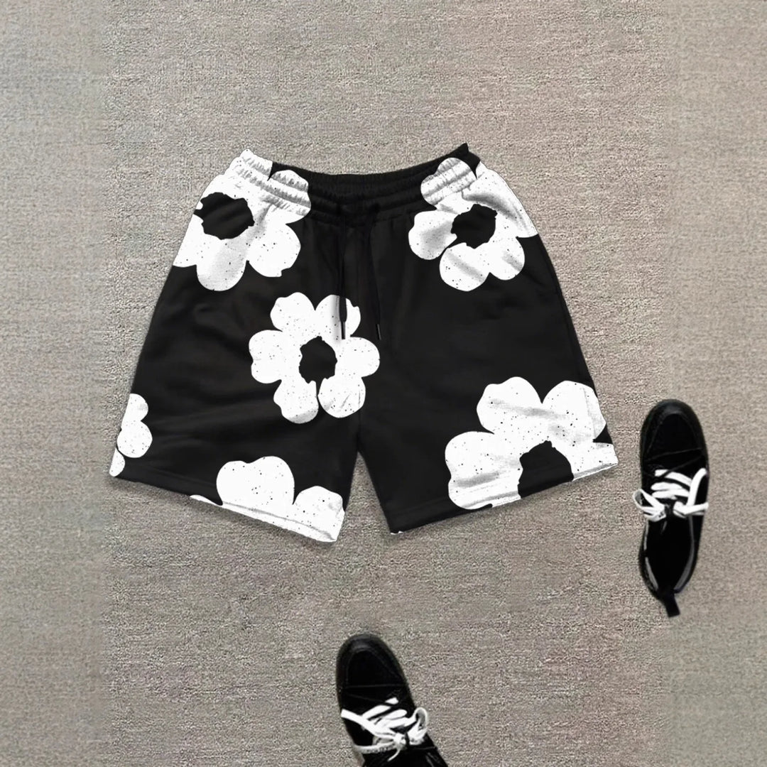 Men's Casual Sports Printed Summer Shorts - Black & White Floral