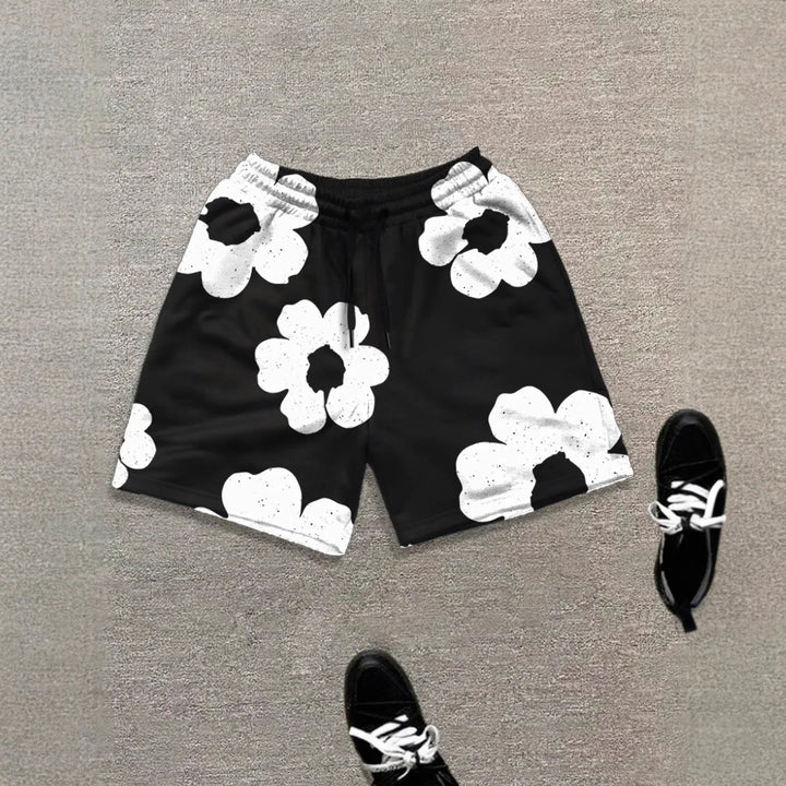 Men's Casual Sports Printed Summer Shorts - Black & White Floral