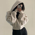 Y2K Cropped Zip Up Hoodie For Women Streetwear Jacket Light Grey