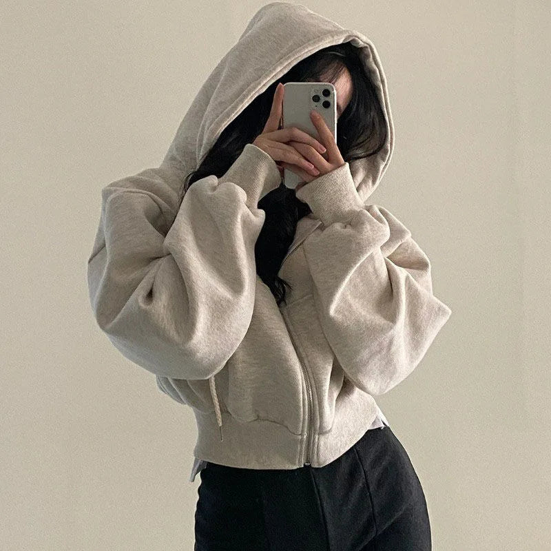 Y2K Cropped Zip Up Hoodie For Women Streetwear Jacket Light Grey