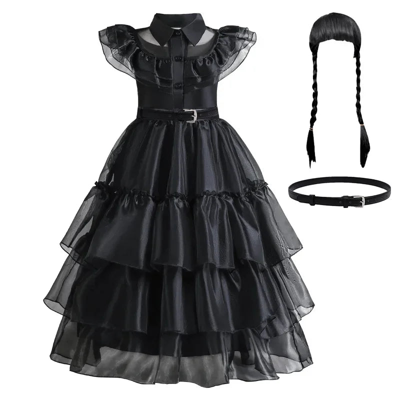 Halloween's Black Layered Cake Gown for Girls with Mesh Details