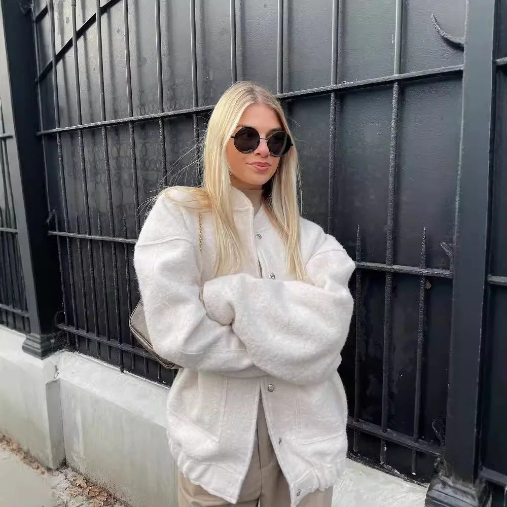 Thermal O Neck Jacket for Women With Pockets Warm Coat Off White