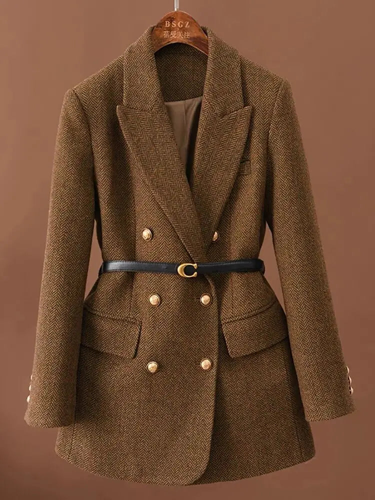 Vintage Wool Blazer with Belt-MODAUTLET