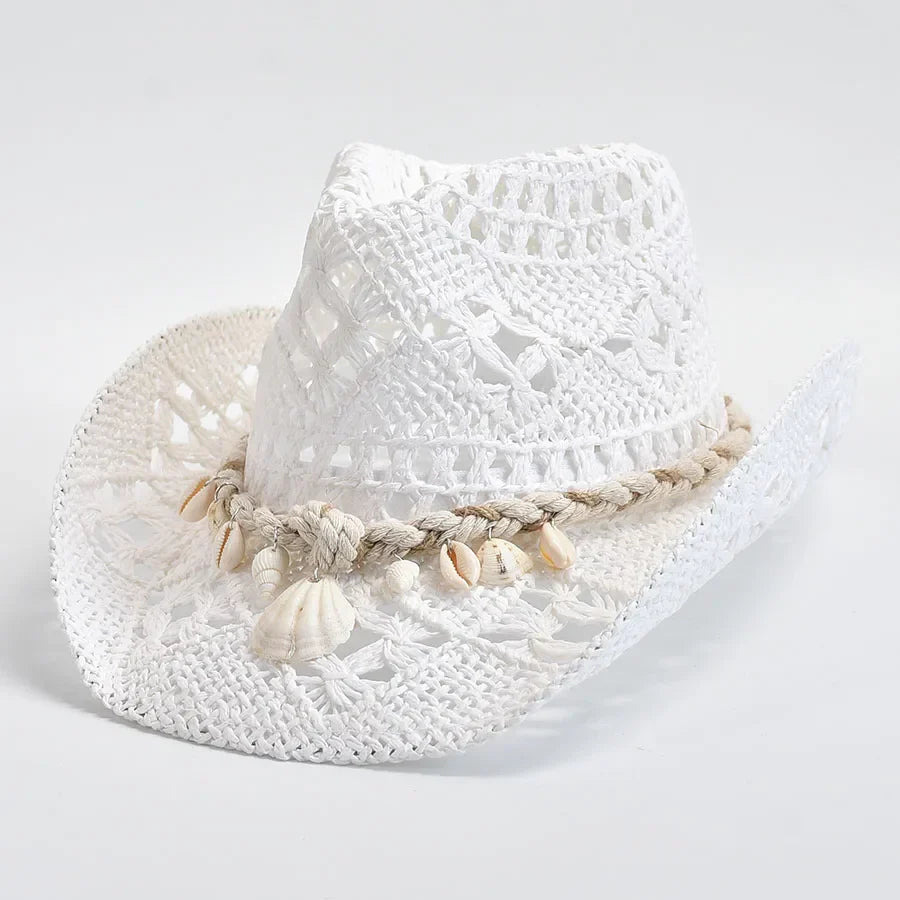 Coastal Seashell Straw Hat Open Knit Breathable Summer
