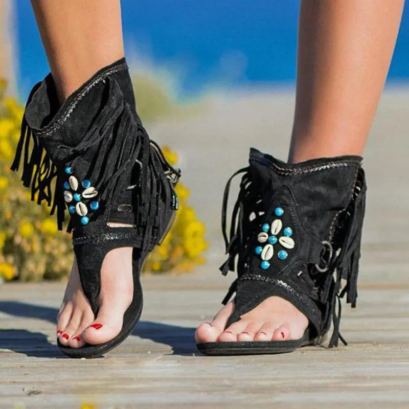 Women's Retro Fringe Boho Sandals Black