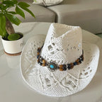 Bohemian Straw Cowboy Hat with Wooden Beads – Perfect for Sun Protection white M (56-58cm)
