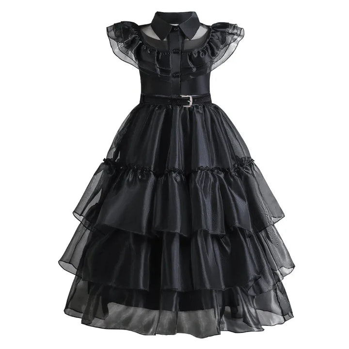 Halloween's Black Layered Cake Gown for Girls with Mesh Details