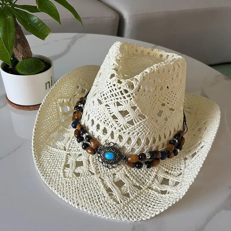 Bohemian Straw Cowboy Hat with Wooden Beads – Perfect for Sun Protection beige M (56-58cm)