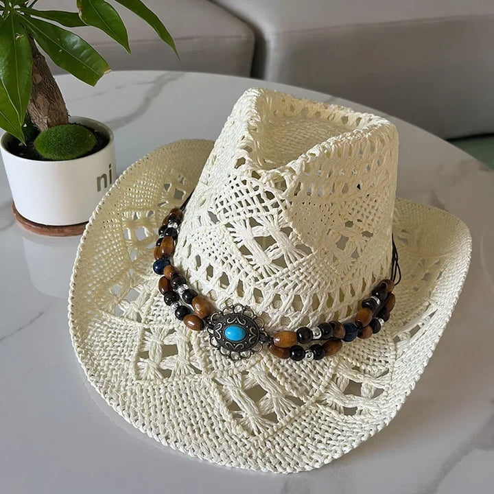 Bohemian Straw Cowboy Hat with Wooden Beads – Perfect for Sun Protection-MODAUTLET