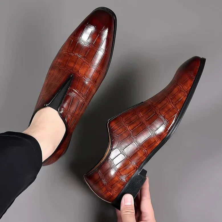 Men's Slip-On Leather Loafers - Stone Pattern