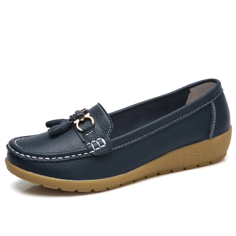 Women's Genuine Leather Tassel Moccasins Dark Blue
