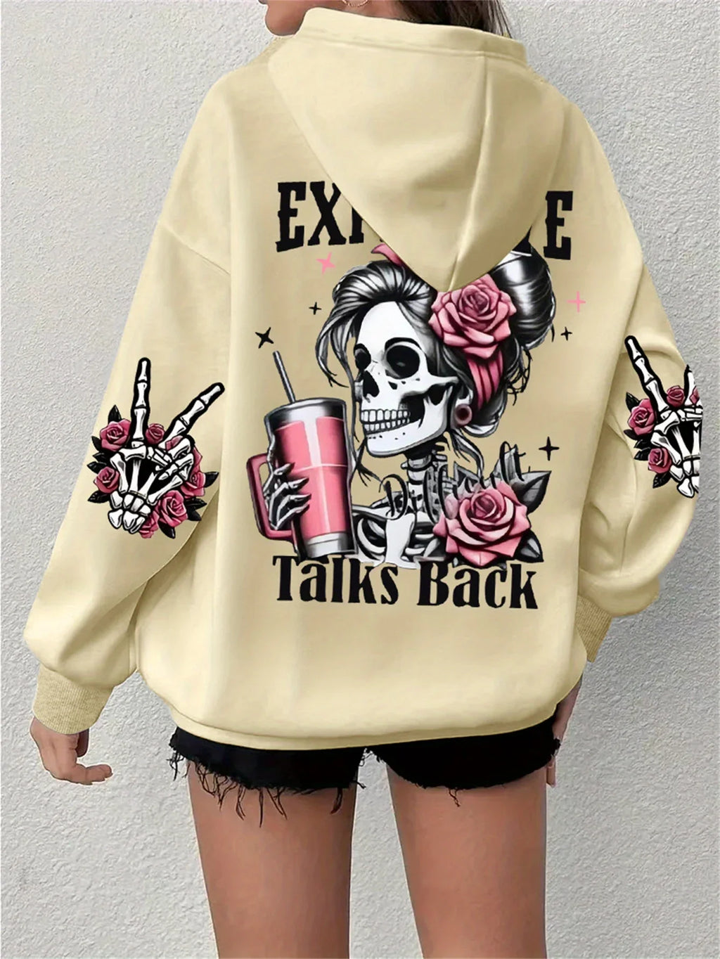 Women Oversized Hoodie Graphic Expensive Talks Back Print Beige
