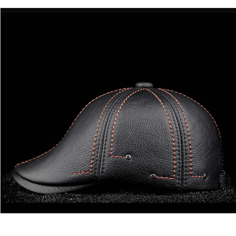 Men's Striped Black Cowhide Leather Beret Cap