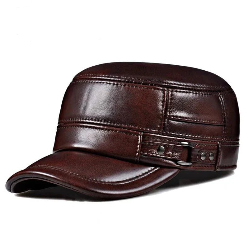 Vintage Military Style Genuine Leather Ear-Warm Flat Cap for Winter brown