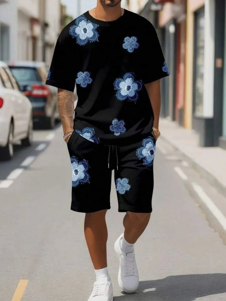 Men's breathable round neck T-shirt and shorts outdoor set