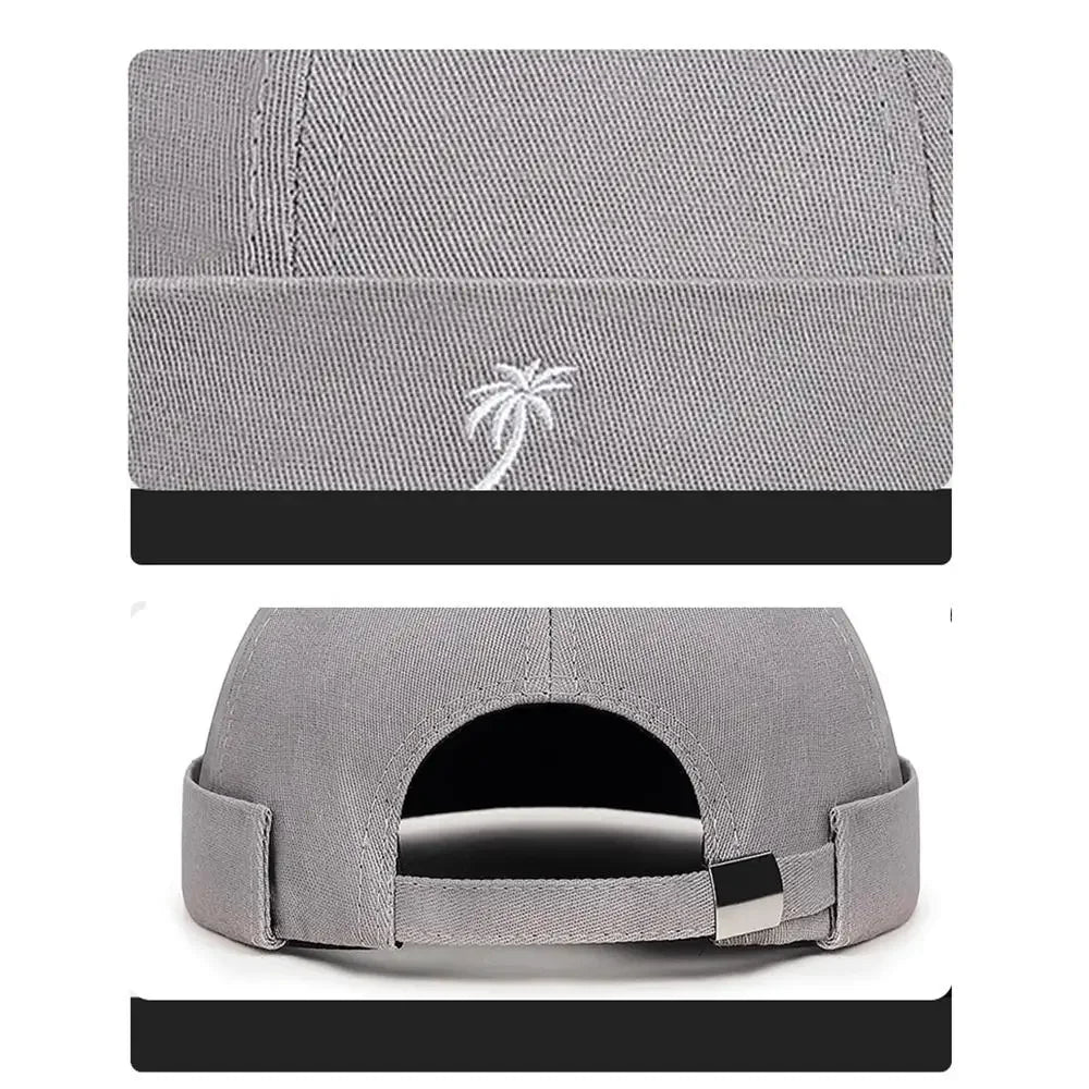 Vintage Washed Cotton Brimless Beanie Hat with Embroidered Coconut Tree – Unisex Adjustable