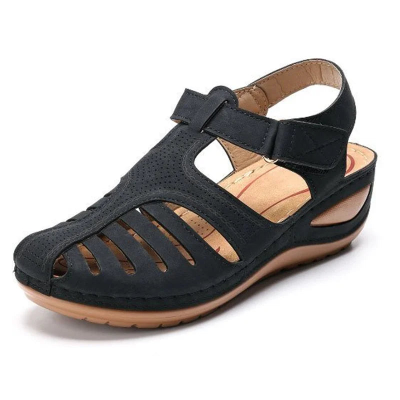 Women's Vintage Orthopedic PU Leather Sandals for Summer Black