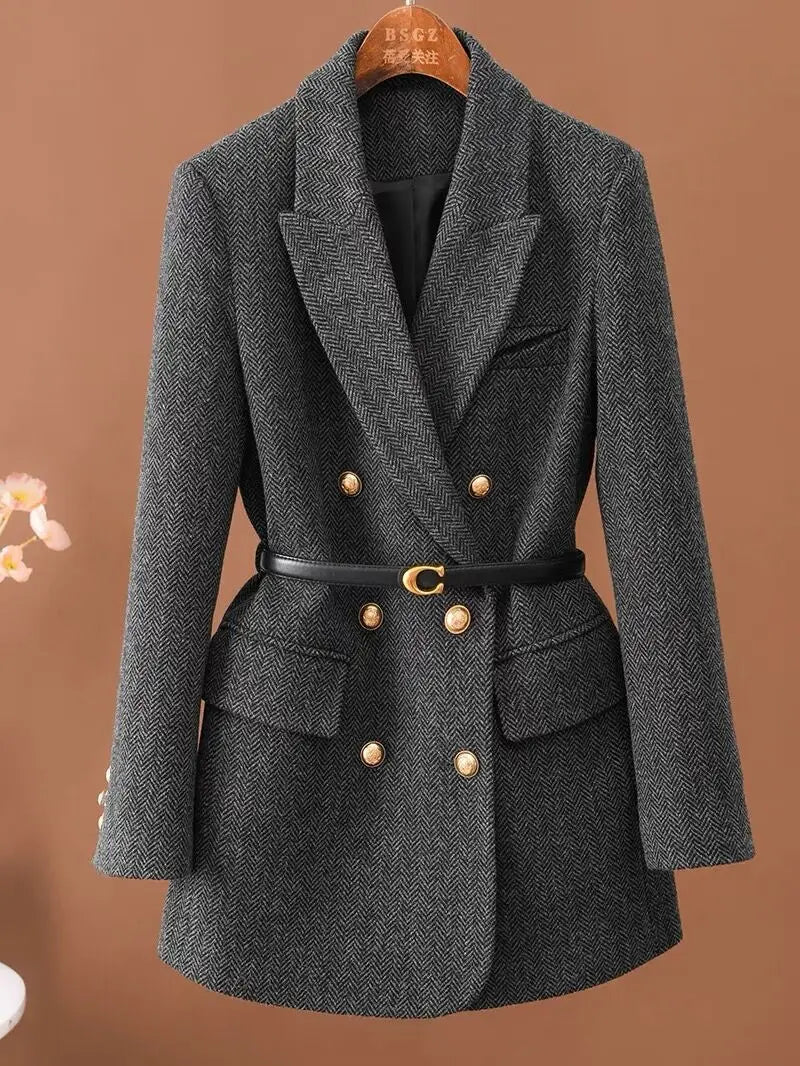 Vintage Wool Blazer with Belt-MODAUTLET
