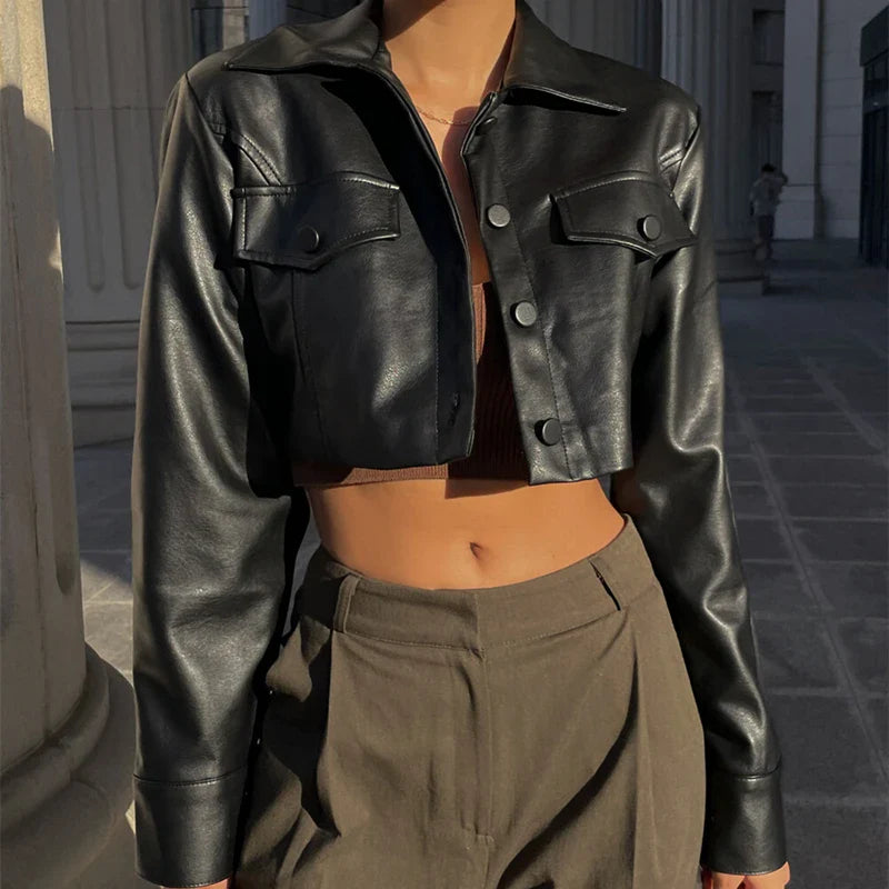 Stylish Faux Leather Cropped Jacket