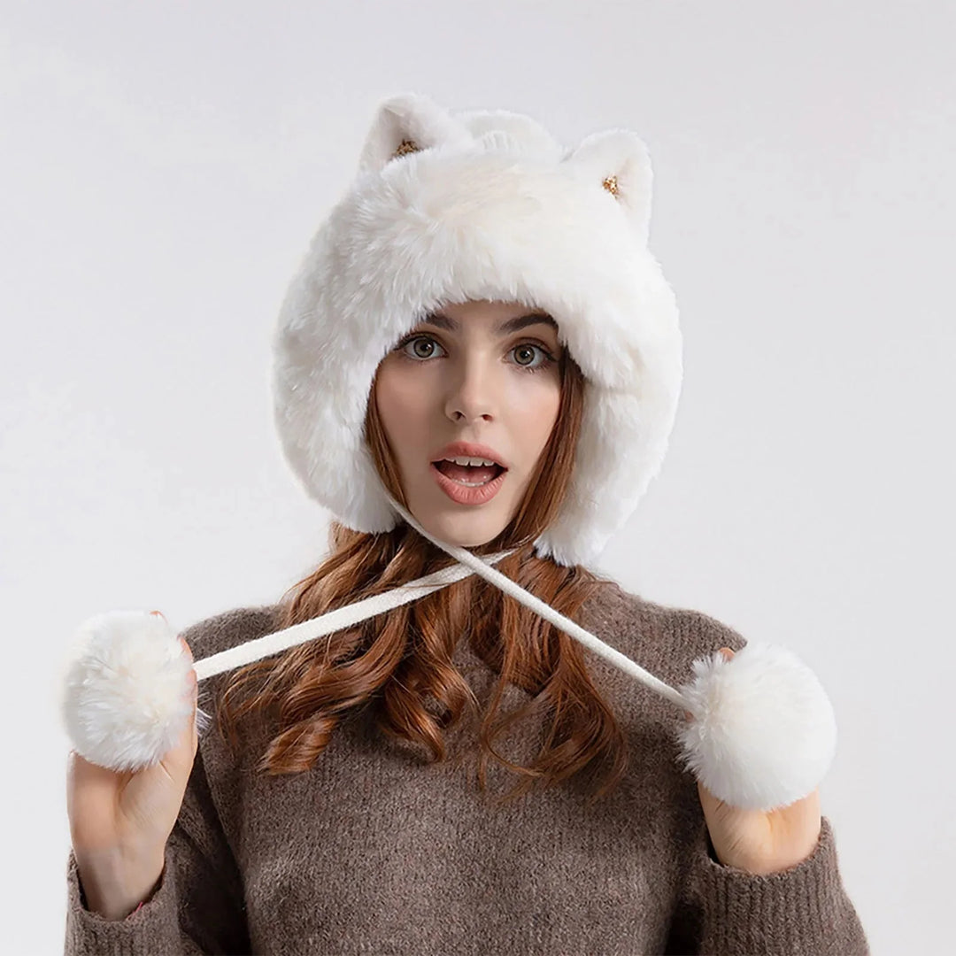 Cat Ear Pom-Pom Ear Flap Trapper Hat for Women – Cozy Winter Warmth-MODAUTLET