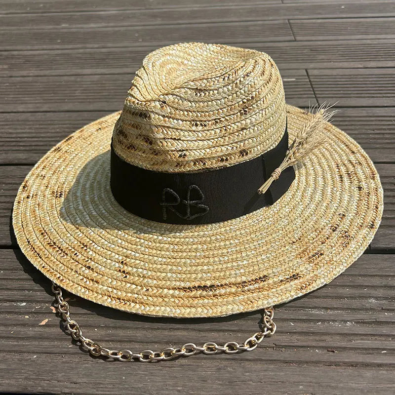Elegant Handmade Straw Sun Hat With Metal Chain For Women style 5 54-58cm