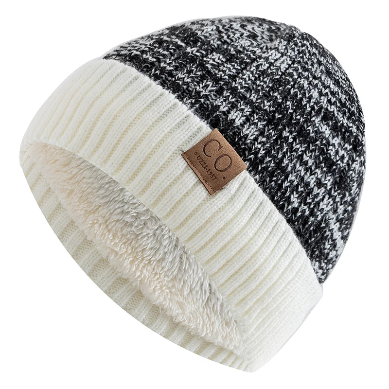 Unisex Two-Tone Knit Beanie with Fur Lining Black White 56cm-60cm