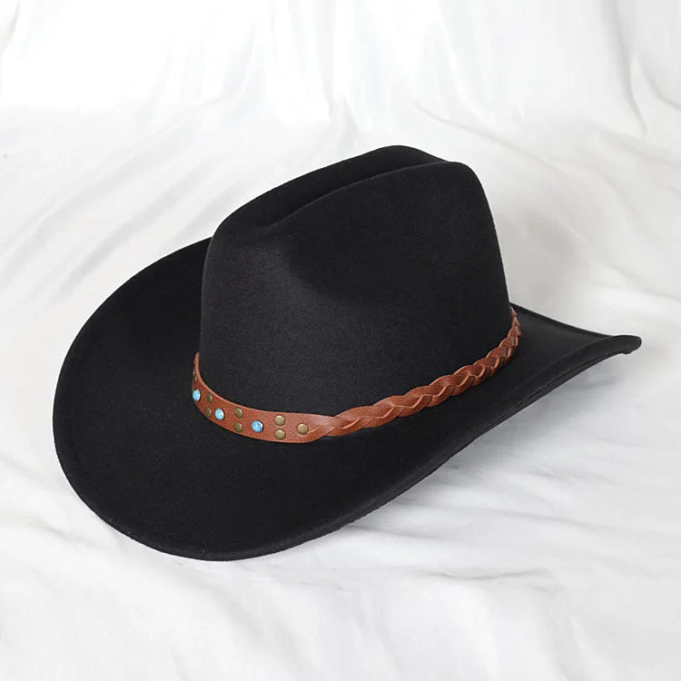 Vintage Western Cowboy Hat – Adjustable Leather Wide Brim Black 57-59CM