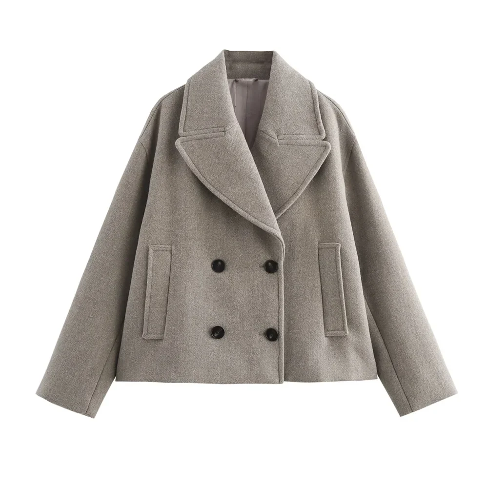 Double-Breasted Wool-Collar Women's Coat – Stylish Autumn Essential Gray