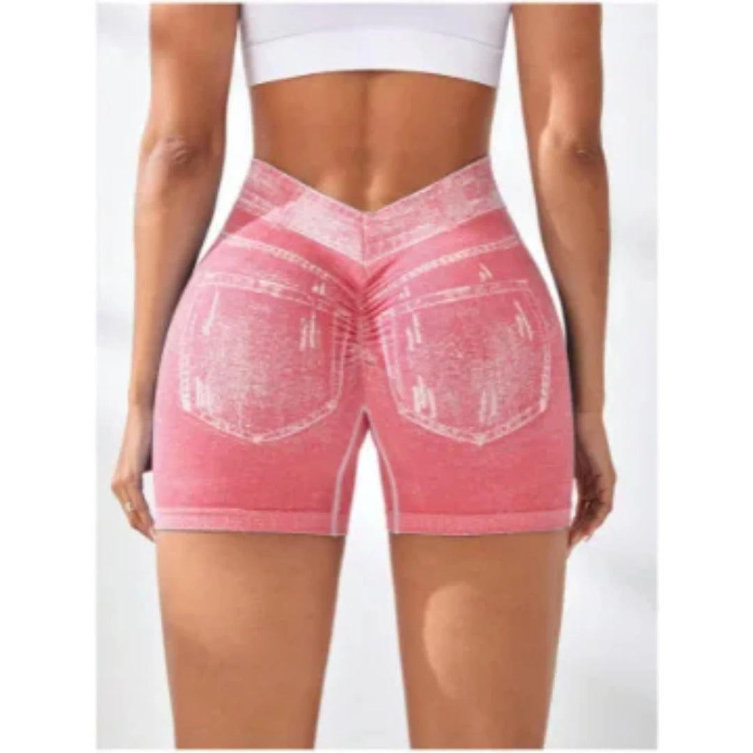 Women's V Back Faux Jeans Workout Shorts for Fitness and Yoga