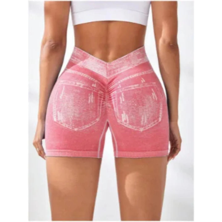 Women's V Back Faux Jeans Workout Shorts for Fitness and Yoga