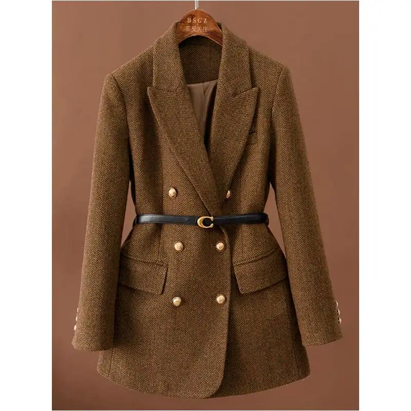 Vintage Wool Blazer with Belt Dark Brown
