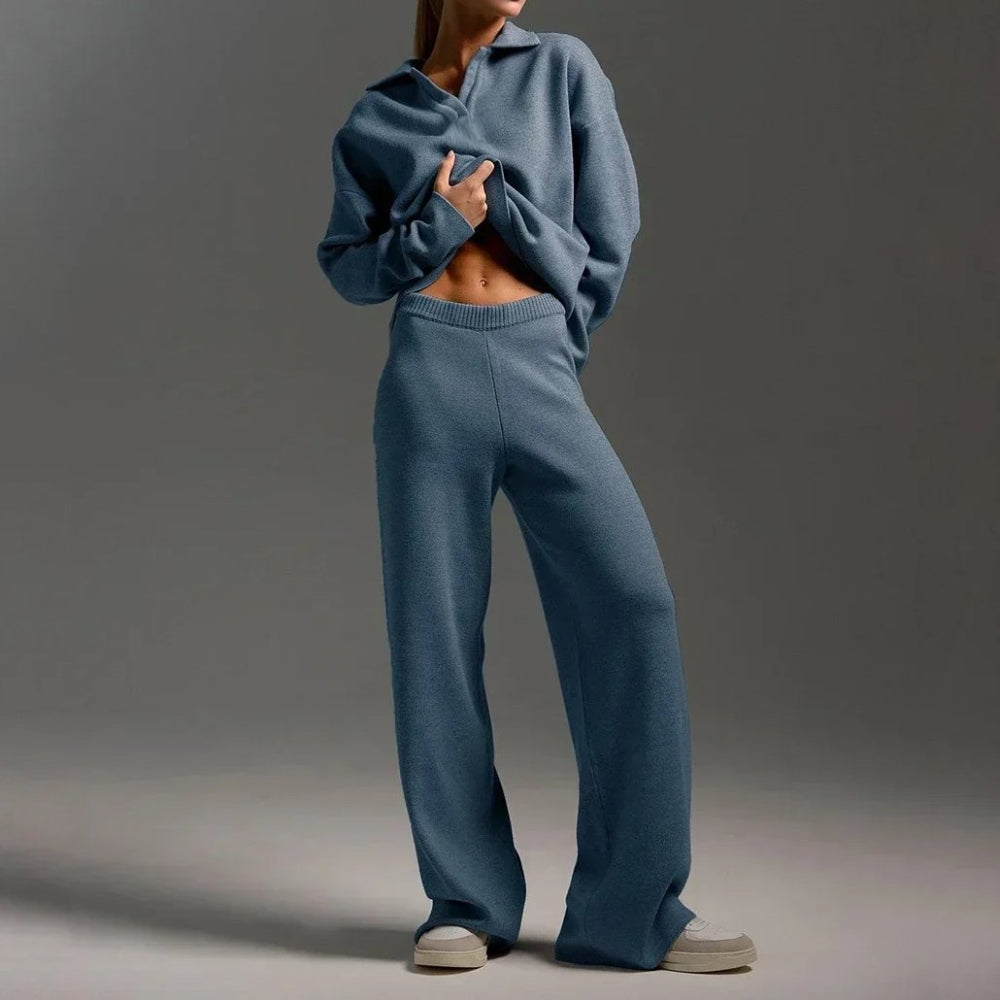Women's Cozy Relaxed Fit V-Neck Sweater and Wide-Leg Pants Set Blue
