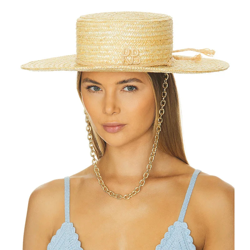 Elegant Handmade Straw Sun Hat With Metal Chain For Women
