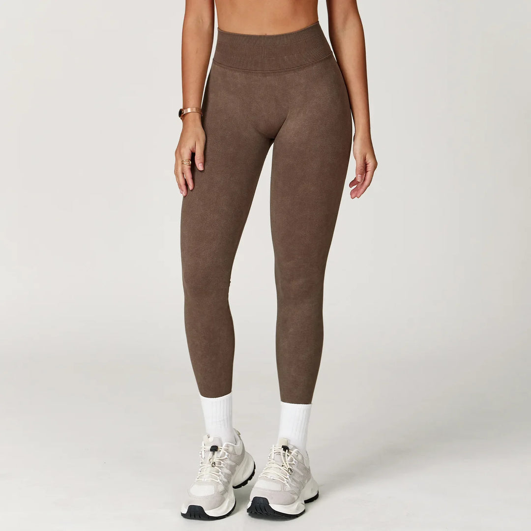 Women's High-Waist Seamless Sports Leggings, Ribbed Workout Pants Huacha Brown