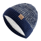 Unisex Two-Tone Knit Beanie with Fur Lining Navy Blue 56cm-60cm