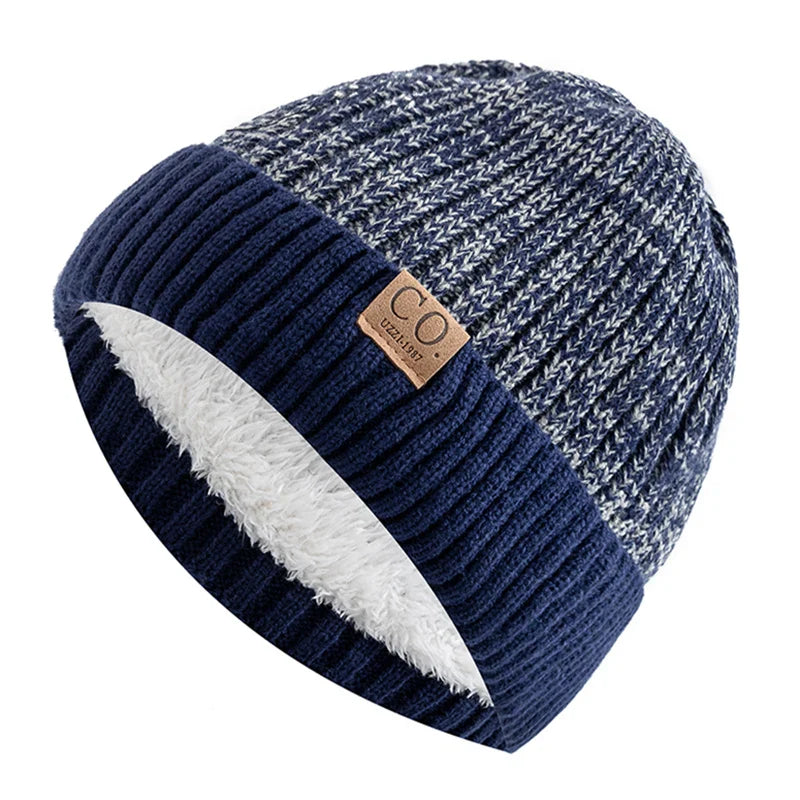 Unisex Two-Tone Knit Beanie with Fur Lining Navy Blue 56cm-60cm