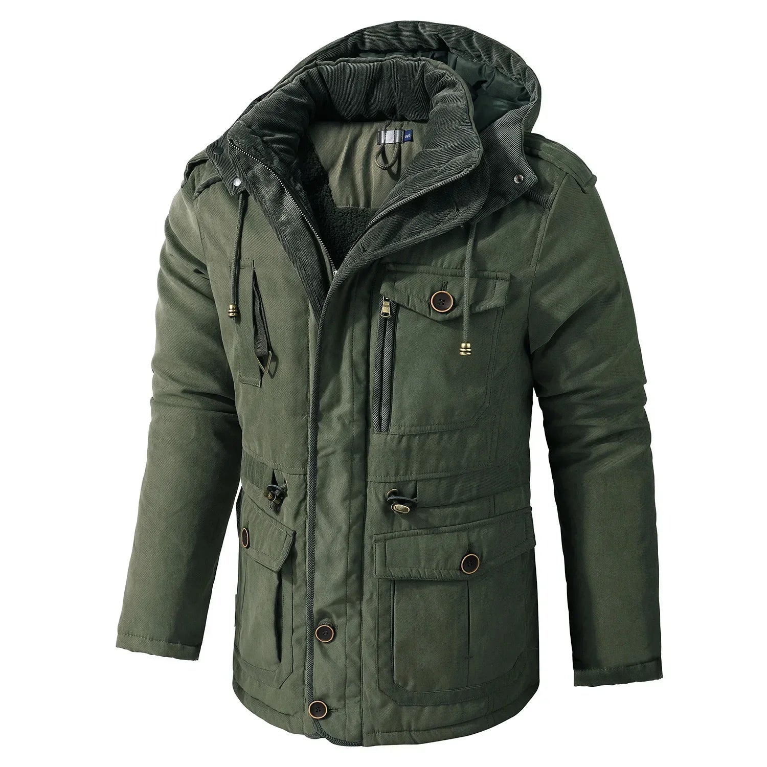Men's Thickened Hooded Fleece-Lined Cotton Parka – Mid-Length Winter Coat with Multiple Pockets