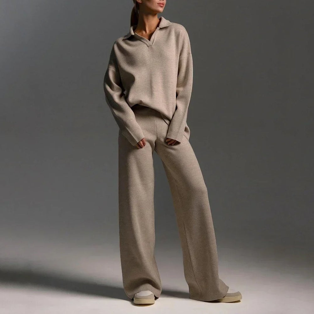 Women's Cozy Relaxed Fit V-Neck Sweater and Wide-Leg Pants Set Khaki