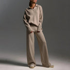 Women's Cozy Relaxed Fit V-Neck Sweater and Wide-Leg Pants Set Khaki