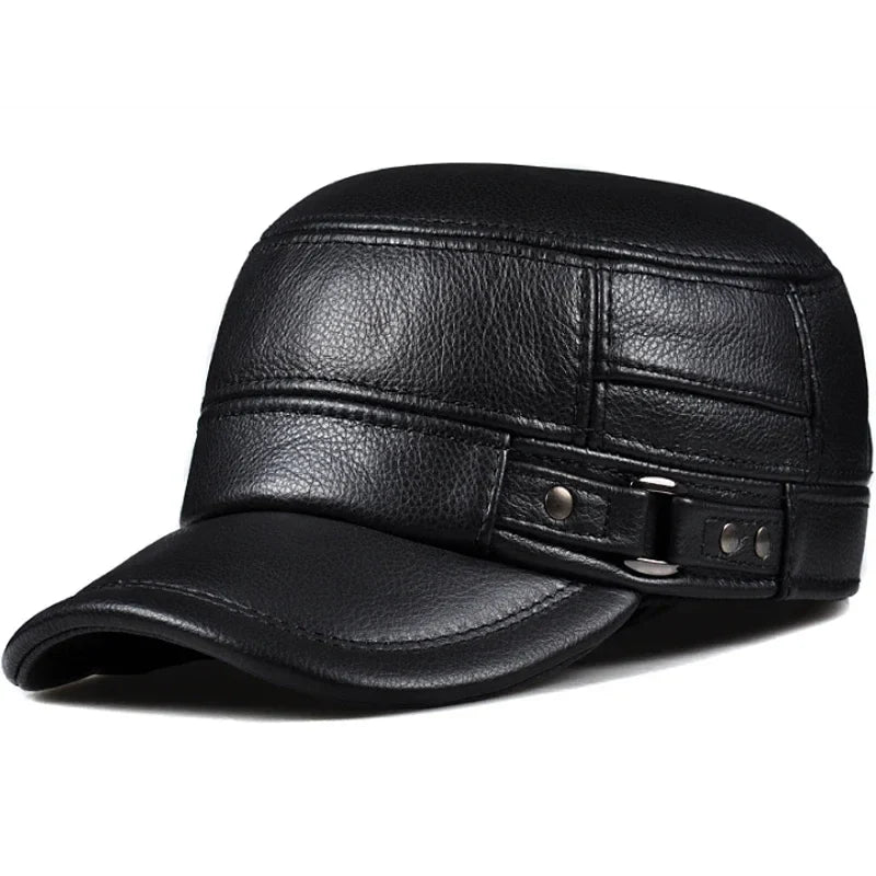 Vintage Military Style Genuine Leather Ear-Warm Flat Cap for Winter black
