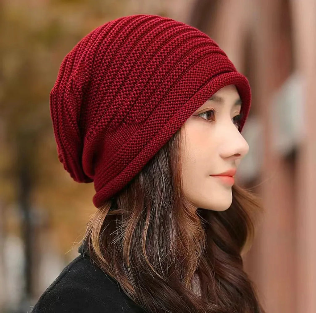 Unisex Autumn Winter Knitted Wool Roll-Brim Beanie Red