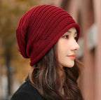Unisex Autumn Winter Knitted Wool Roll-Brim Beanie Red