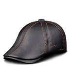 Men's Striped Black Cowhide Leather Beret Cap black