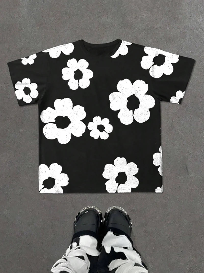 Conjunto de pantalones cortos de verano para hombre con estampado floral en blanco y negro