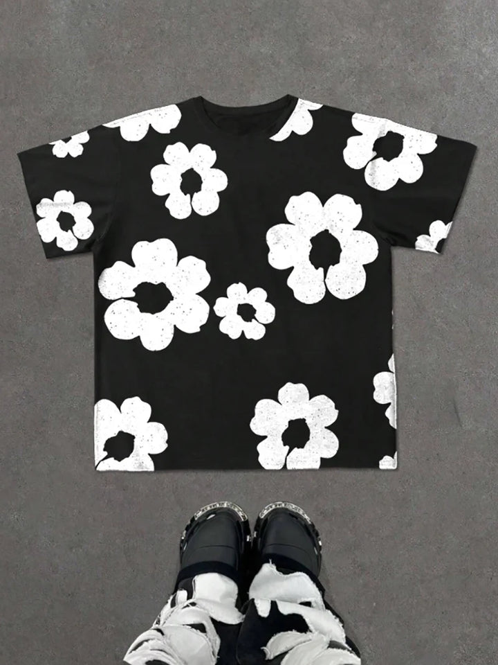 Conjunto de pantalones cortos de verano para hombre con estampado floral en blanco y negro