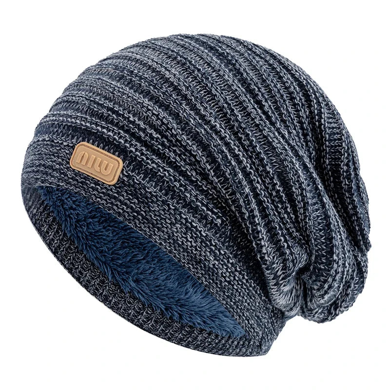 Unisex Striped Slouchy Winter Hat Navy Blue 56cm-60cm